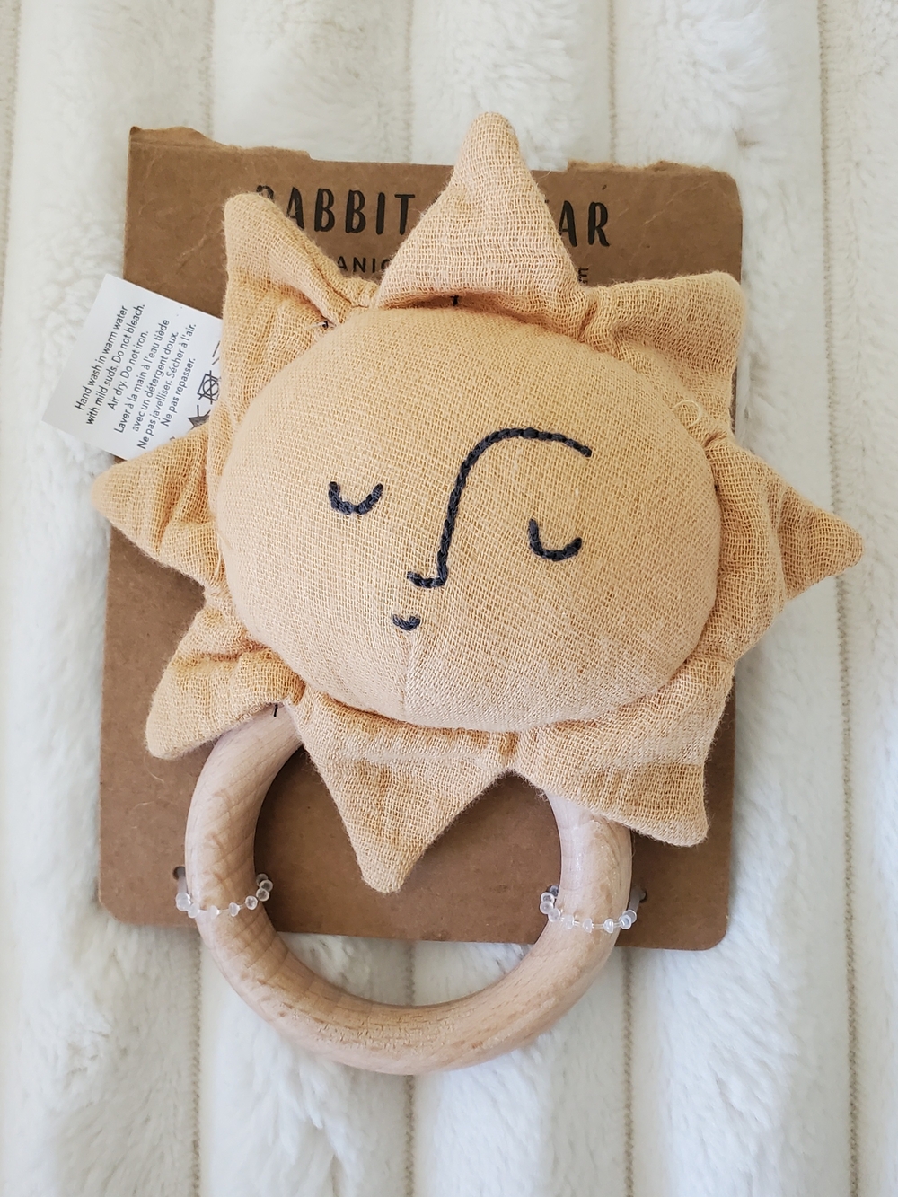 Sun Plush Wooden Teething Rattle - Beige